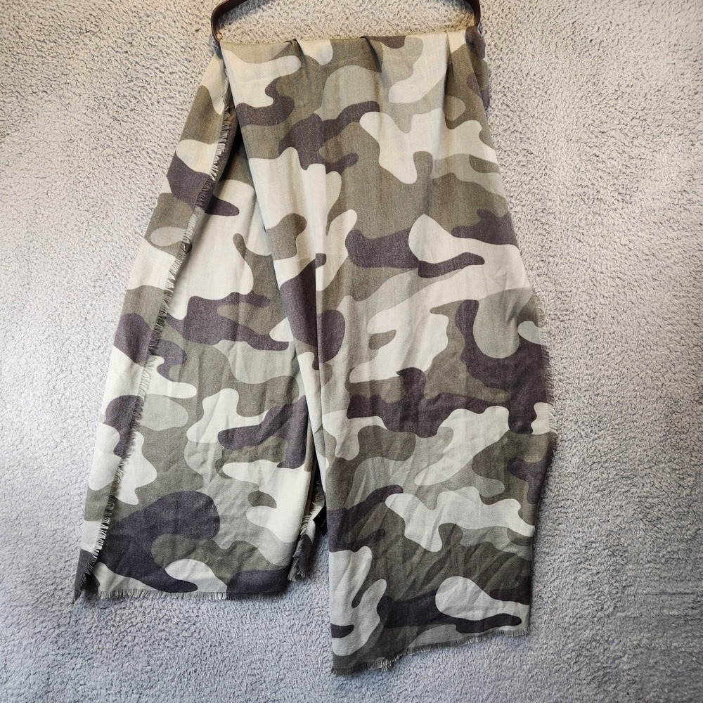 Express Camouflage Print Scarf Wrap Gray Green Neutral Camo Fringed One Size